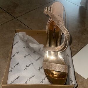 Gold Block Short Heeled Sandals with Ankle Strap